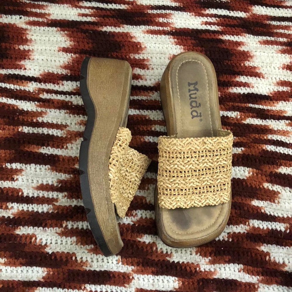 Y2K Mudd Cottagecore Chunky Platform Wedges Wicker Woven Open Sandals Slip On